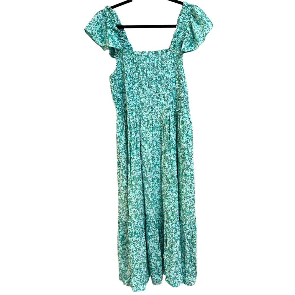 NWT April Cornell Aqua‎ Meadow Dress Smocked Ruffle Sleeve Midi Maxi Boho Small